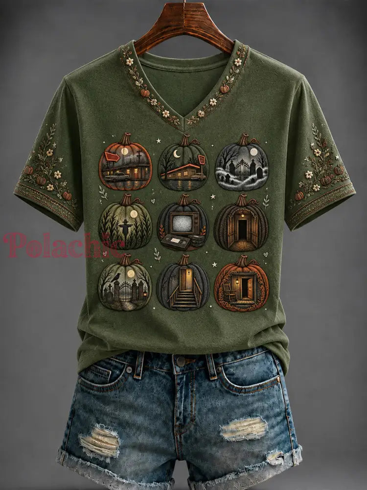 Damski t-shirt z nadrukiem dyni na Halloween i dekoltem w kształcie litery V - Jak na zdjęciu / S
