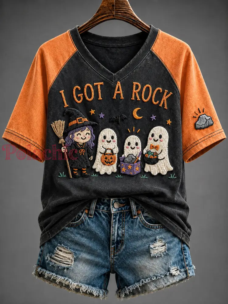 Damski t-shirt z nadrukiem „I got a rock” z dekoltem w kształcie litery V i odkrytymi ramionami z krótkimi rękawami