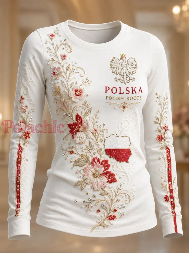 Damski t-shirt z Polską z okrągłym dekoltem i długim rękawem - A / S