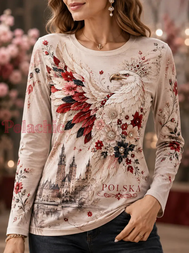 Damski t-shirt z Polską z okrągłym dekoltem i długim rękawem - A / S