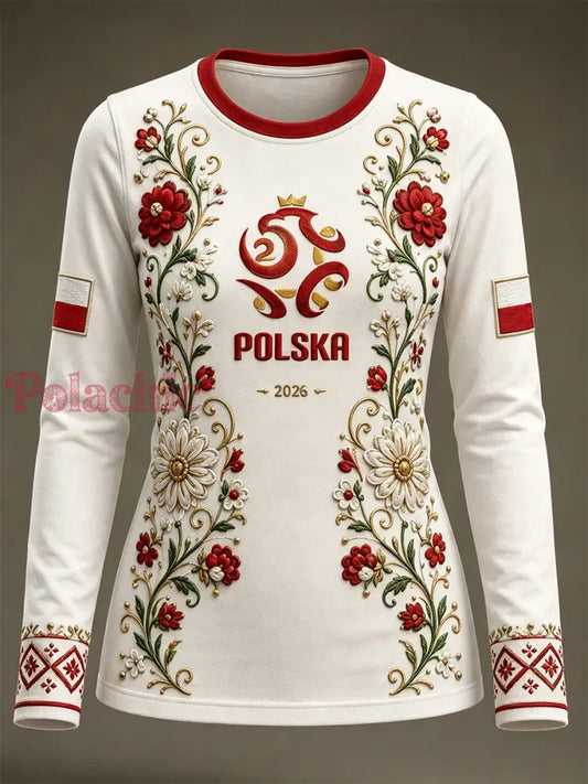 Damski t-shirt z polską piłką nożną z okrągłym dekoltem i długim rękawem - A / S
