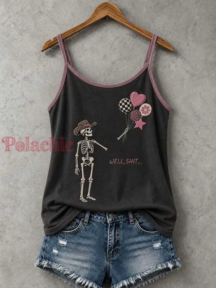 Damski tank top z napisem „Well Shit” i czaszką - Ciemny Szary / S