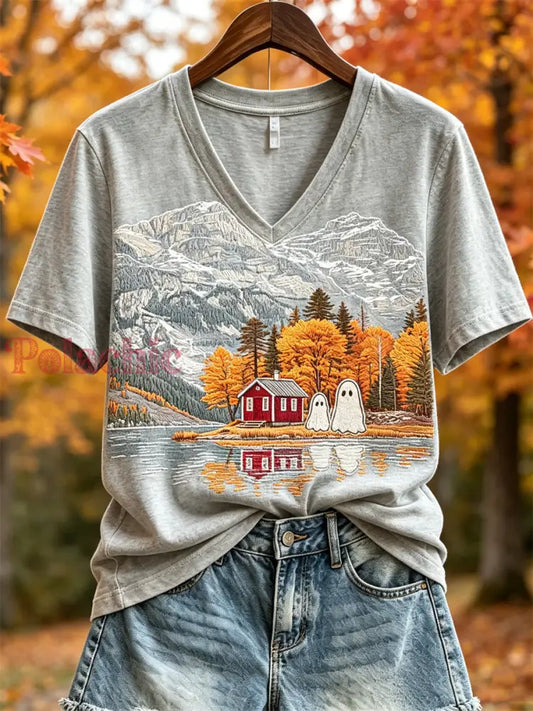 Damski uroczy t-shirt z krótkim rękawem nadruk jesiennego krajobrazu z duchami - Szary / S