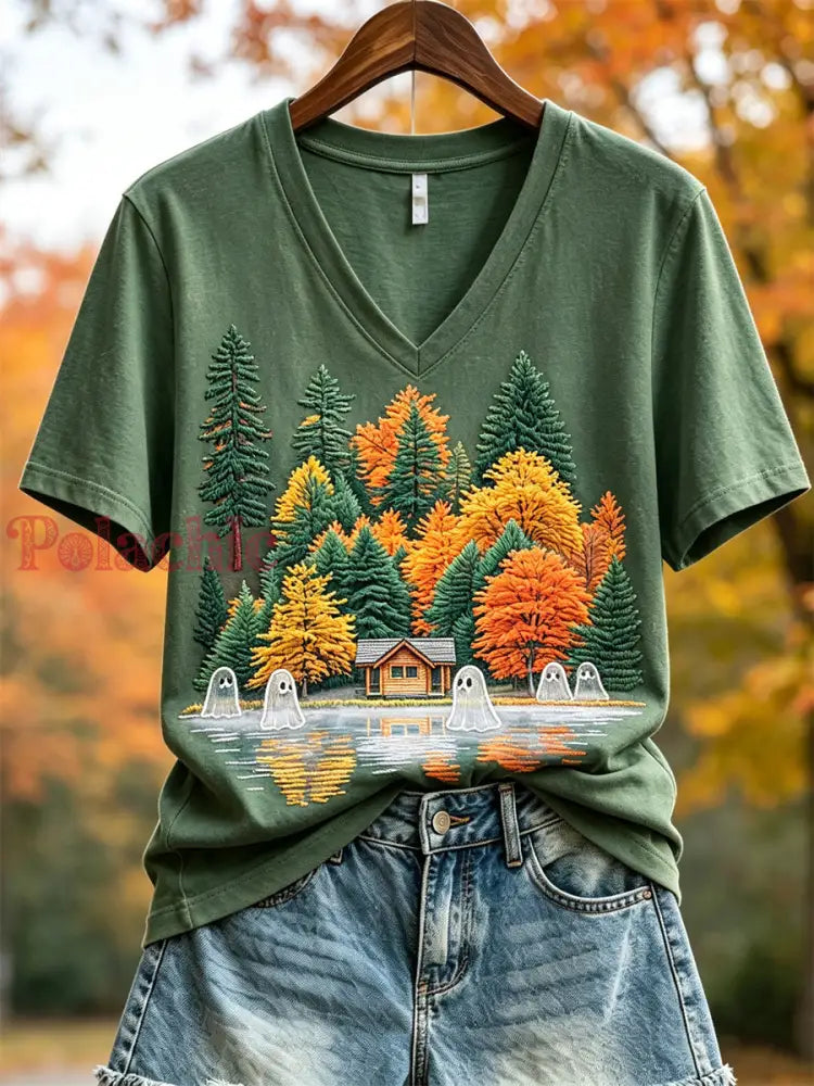 Damski uroczy t-shirt z krótkim rękawem z nadrukiem przedstawiającym jesienny krajobraz z duchami - Zielony / S