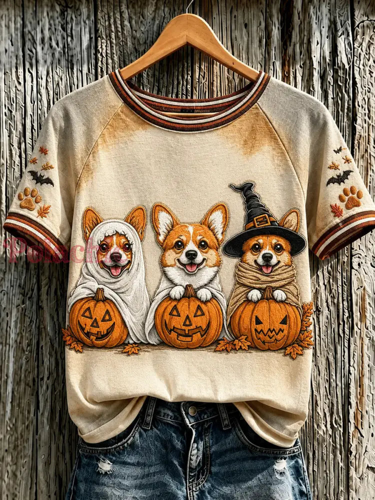 Damski w stylu vintage luźny t-shirt z krótkim rękawem z nadrukiem zwierzęcym na Halloween - Morela / S