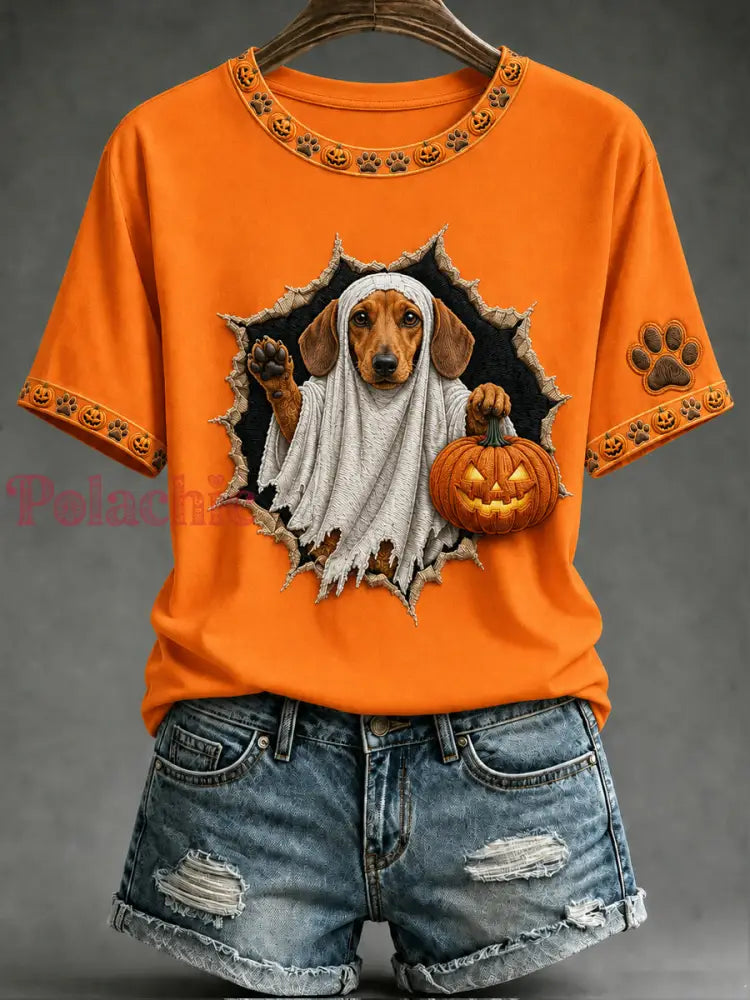 Damski w stylu vintage luźny t-shirt z krótkim rękawem z nadrukiem zwierzęcym na Halloween - Pomarańczowy / S