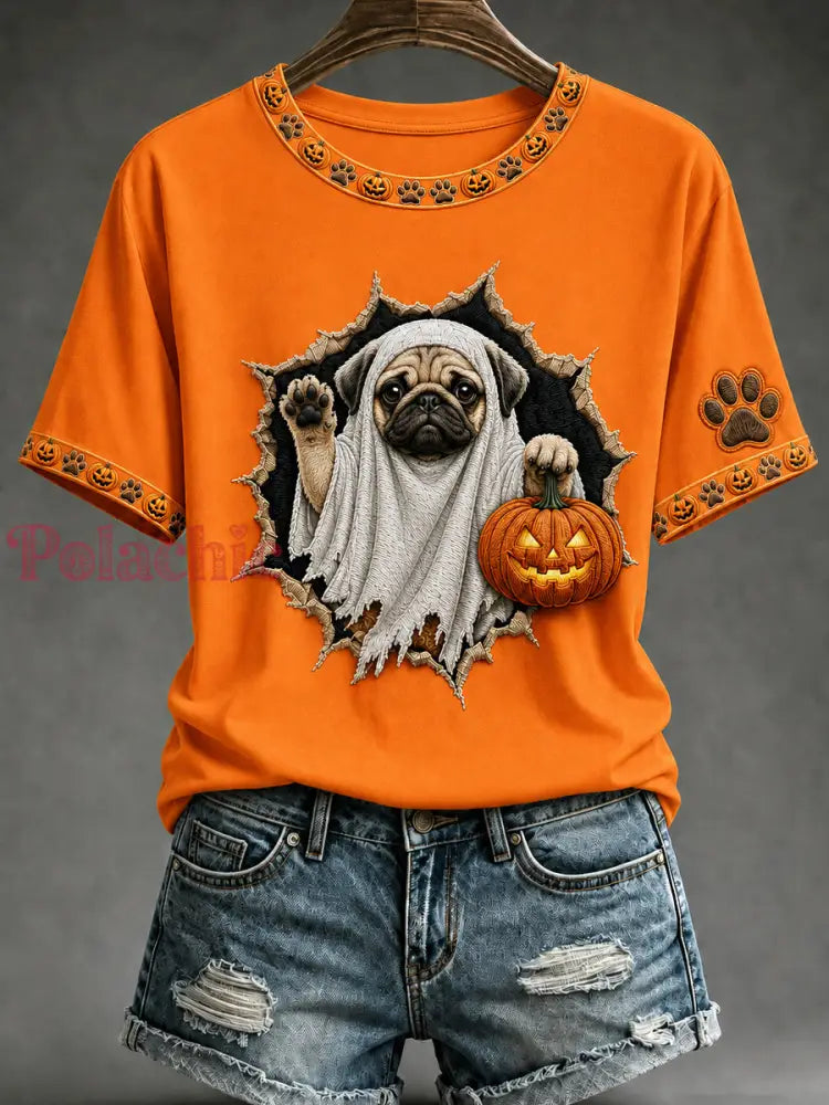 Damski w stylu vintage luźny t-shirt z krótkim rękawem z nadrukiem zwierzęcym na Halloween - Pomarańczowy / S