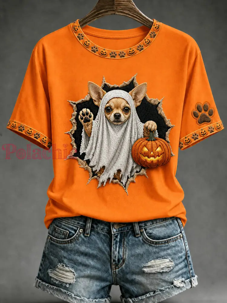 Damski w stylu vintage luźny t-shirt z krótkim rękawem z nadrukiem zwierzęcym na Halloween - Pomarańczowy / S