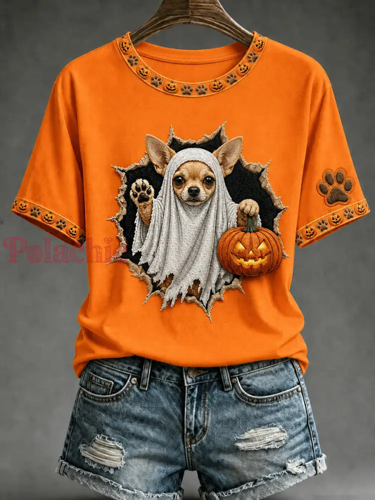 Damski w stylu vintage luźny t-shirt z krótkim rękawem z nadrukiem zwierzęcym na Halloween - Pomarańczowy / S