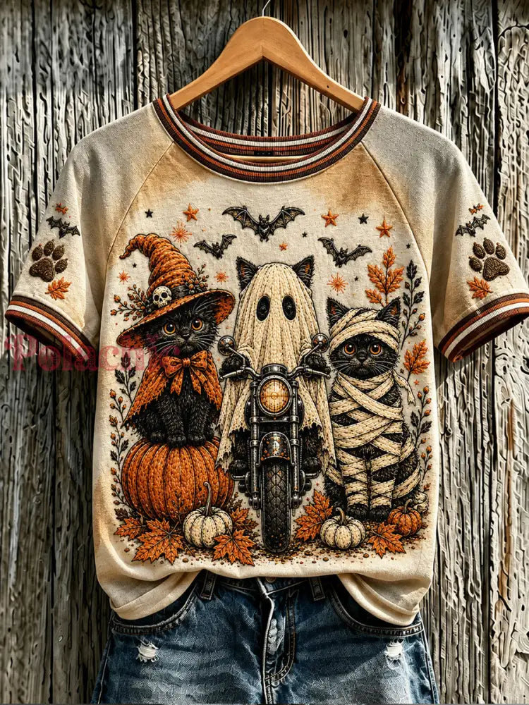 Damskie zwierzęta na Halloween Kot z nadrukiem w stylu vintage Moda luźna koszulka z krótkim rękawem - Morela / S