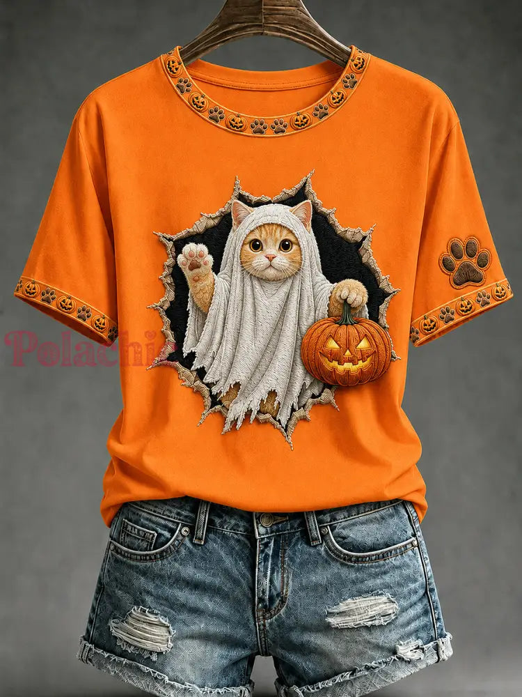 Damskie zwierzęta na Halloween z nadrukiem Vintage Fashion Luźna koszulka z krótkim rękawem - Pomarańczowy / S