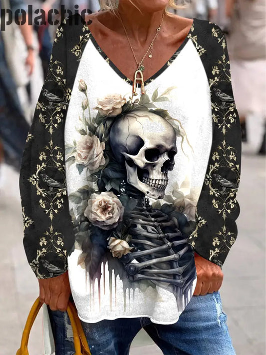 Dark Flower Skull Imprimé V-Neck Casual Loose Top À Manches Longues A / S