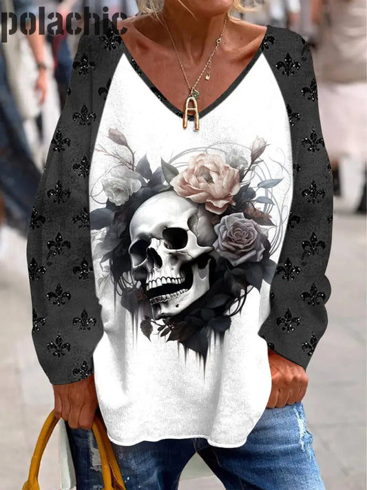 Dark Flower Skull Imprimé V-Neck Casual Loose Top À Manches Longues A / S