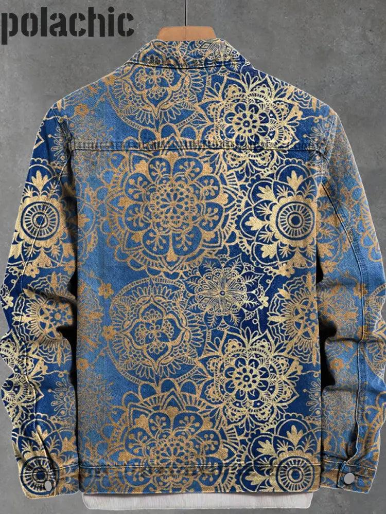 Dégradé Bleu Vintage Mandala Pattern Art Print Épais À Manches Longues Veste Décontractée