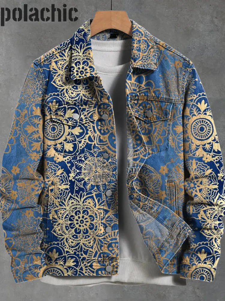 Dégradé Bleu Vintage Mandala Pattern Art Print Épais À Manches Longues Veste Décontractée A / S