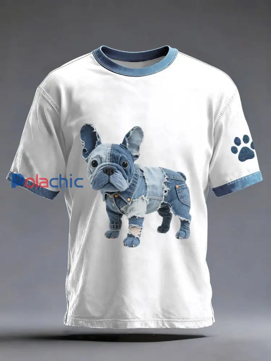 Denim Patchwork Art bouledogue français modèle lavé T-Shirt des hommes Blanc / S