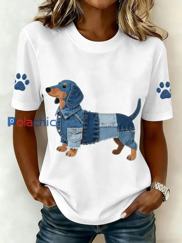 Denim Patchwork Art Teckel T-shirt pour femmes Blanc / S