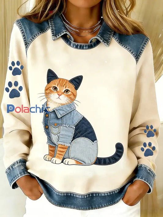 Dessus de patchwork de denim du cru des femmes avec la copie animale d’art occasionnel et confortable A / S