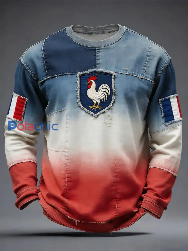 Drapeau français rétro Gradient Patchwork Waffle Weave T-shirt décontracté Multicolore / S
