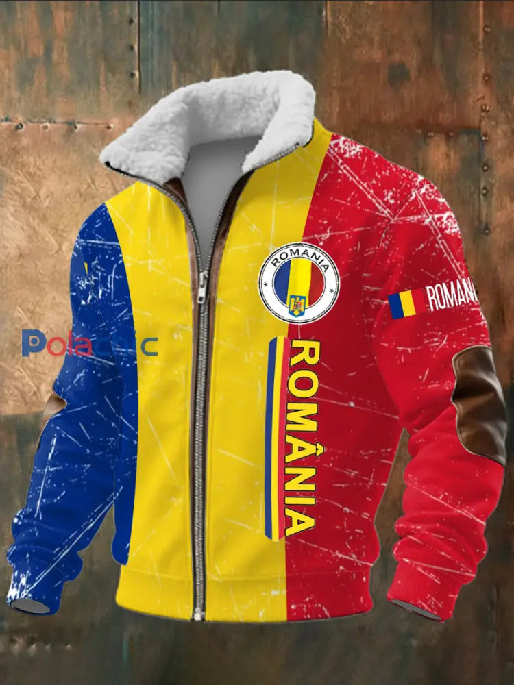 Drapeau roumain imprimé à manches longues pour hommes Stand Up Collar Lambhair Zipper Top Jaune / S