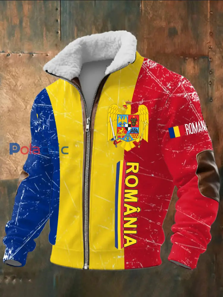 Drapeau roumain imprimé à manches longues pour hommes Stand Up Collar Lambhair Zipper Top Jaune / S