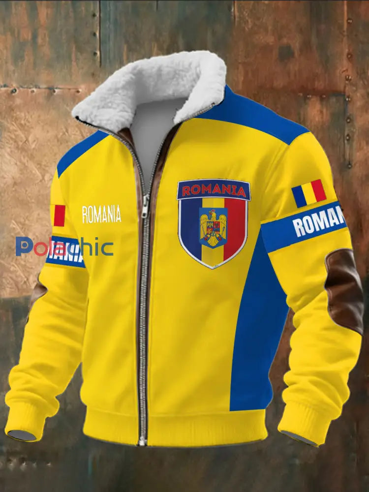 Drapeau roumain imprimé à manches longues pour hommes Stand Up Collar Lambhair Zipper Top Jaune / S