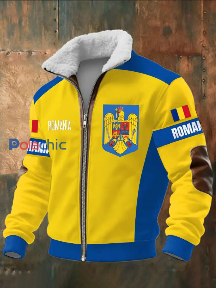 Drapeau roumain imprimé à manches longues pour hommes Stand Up Collar Lambhair Zipper Top Jaune / S