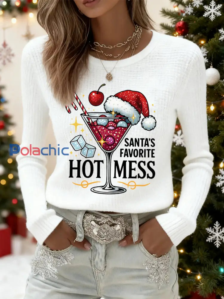 Drôle de Noël préféré chaud mess décontracté gaufre à manches longues des femmes Santa Top blanc / S