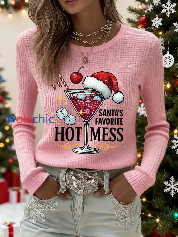 Drôle de Noël préféré chaud mess décontracté gaufre à manches longues des femmes Santa Top rose / S