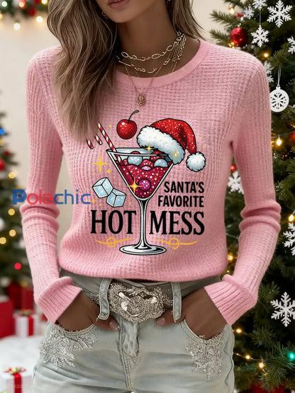 Drôle de Noël préféré chaud mess décontracté gaufre à manches longues des femmes Santa Top rose / S