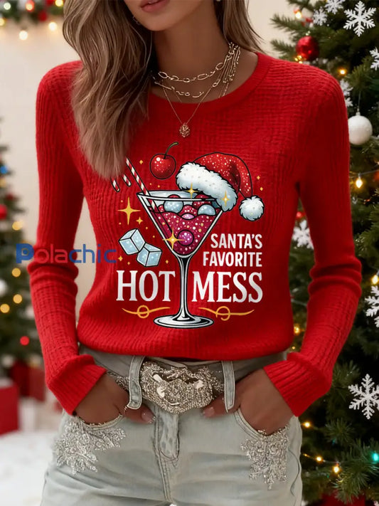 Drôle de Noël préféré chaud mess décontracté gaufre à manches longues des femmes Santa Top rouge / S