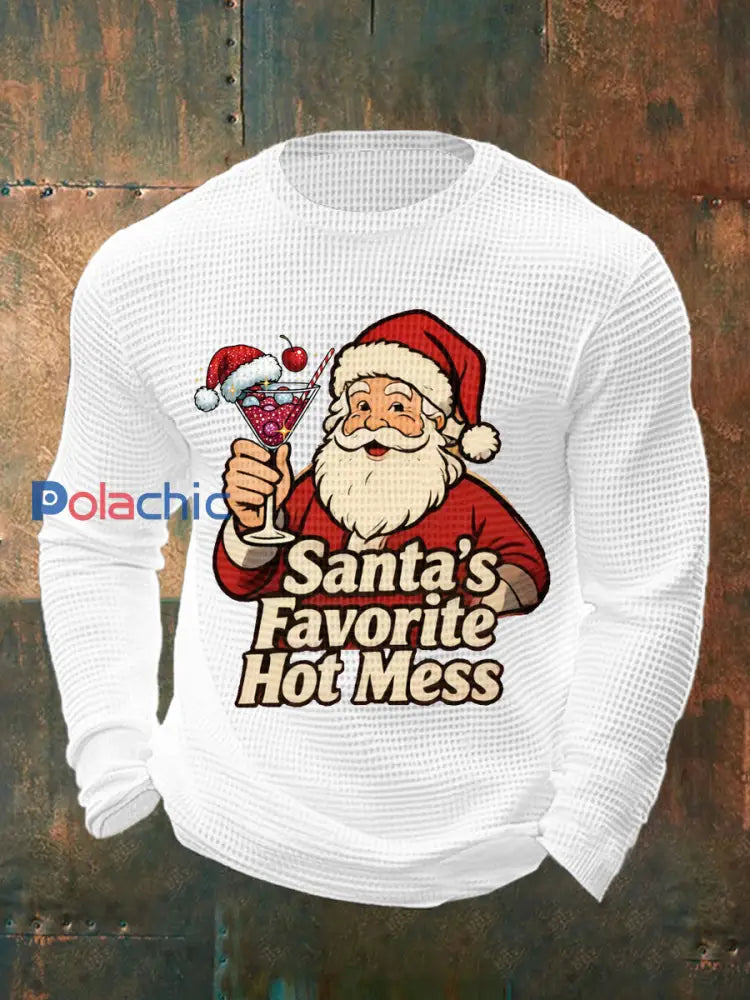Drôle de Noël préféré des hommes de Santa Hot Mess Casual Waffle à manches longues Top Blanc / S