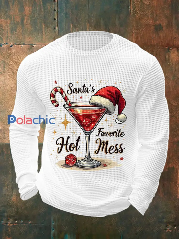 Drôle de Noël préféré des hommes de Santa Hot Mess Casual Waffle à manches longues Top Blanc / S