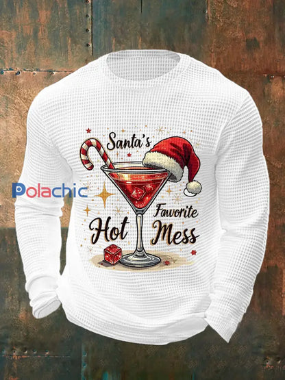 Drôle de Noël préféré des hommes de Santa Hot Mess Casual Waffle à manches longues Top Blanc / S