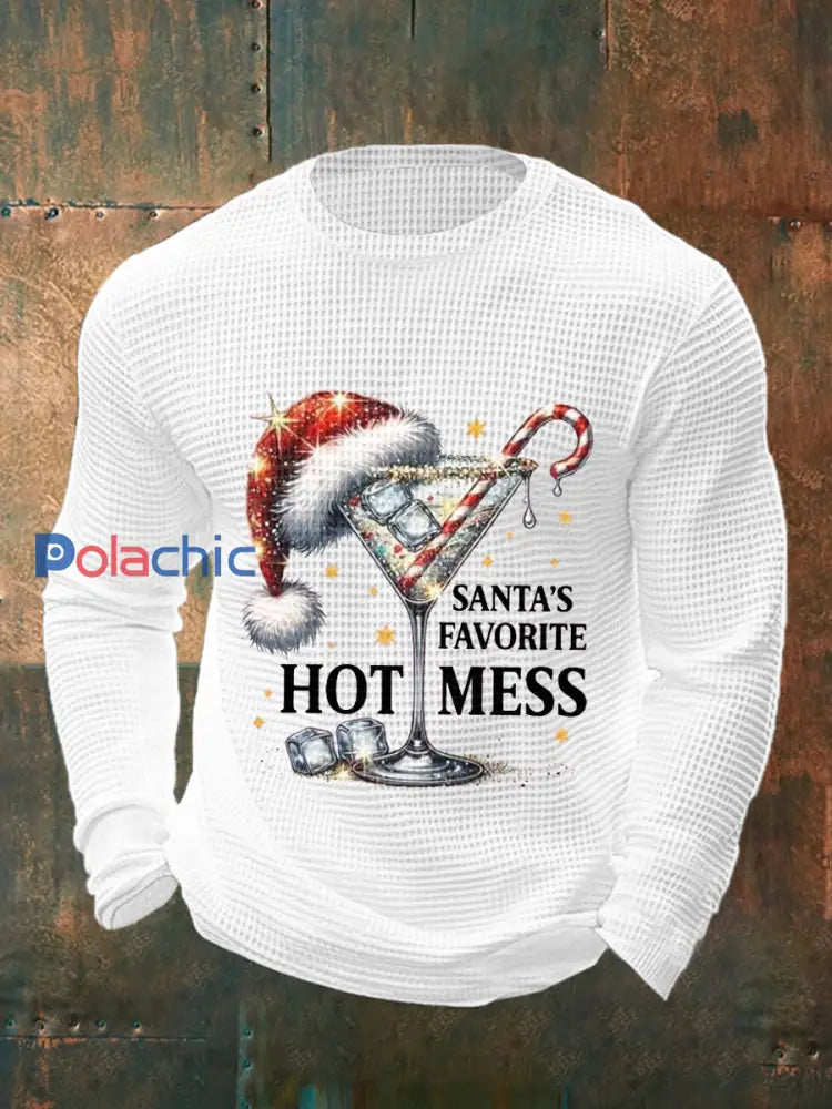 Drôle de Noël préféré des hommes de Santa Hot Mess Casual Waffle à manches longues Top Blanc / S