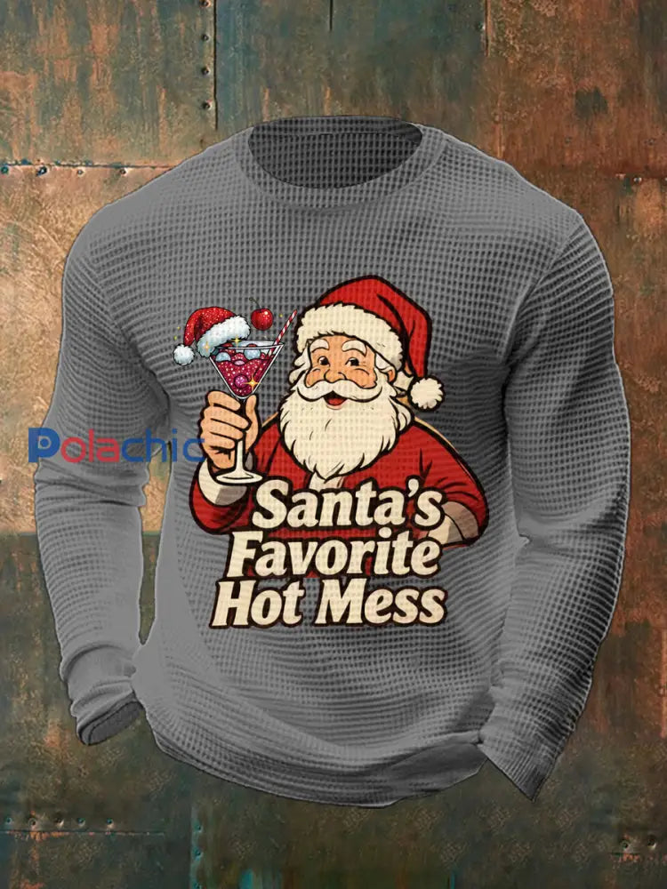Drôle de Noël préféré des hommes de Santa Hot Mess Casual Waffle à manches longues Top Gris / S