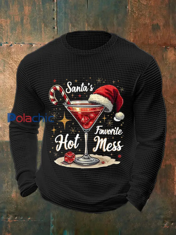 Drôle de Noël préféré des hommes de Santa Hot Mess Casual Waffle à manches longues Top Noir / S
