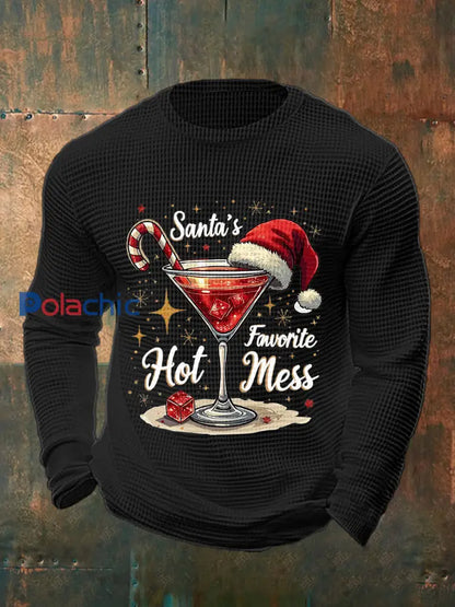 Drôle de Noël préféré des hommes de Santa Hot Mess Casual Waffle à manches longues Top Noir / S