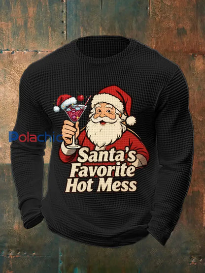 Drôle de Noël préféré des hommes de Santa Hot Mess Casual Waffle à manches longues Top Noir / S