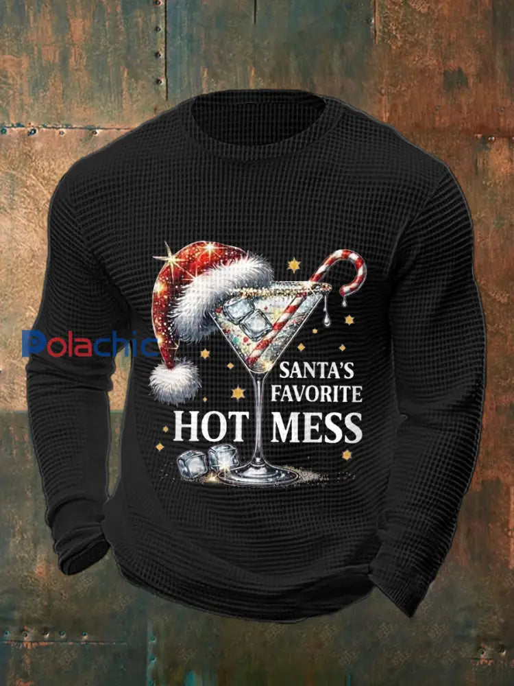 Drôle de Noël préféré des hommes de Santa Hot Mess Casual Waffle à manches longues Top Noir / S