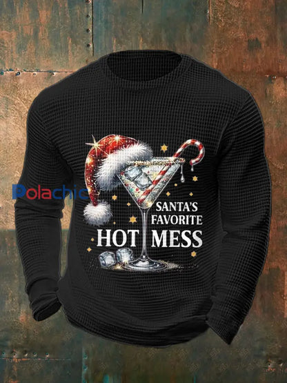 Drôle de Noël préféré des hommes de Santa Hot Mess Casual Waffle à manches longues Top Noir / S