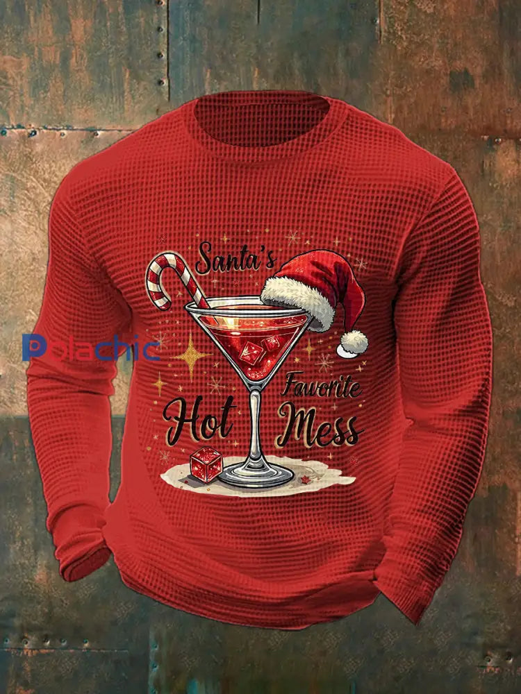Drôle de Noël préféré des hommes de Santa Hot Mess Casual Waffle à manches longues Top Rouge / S