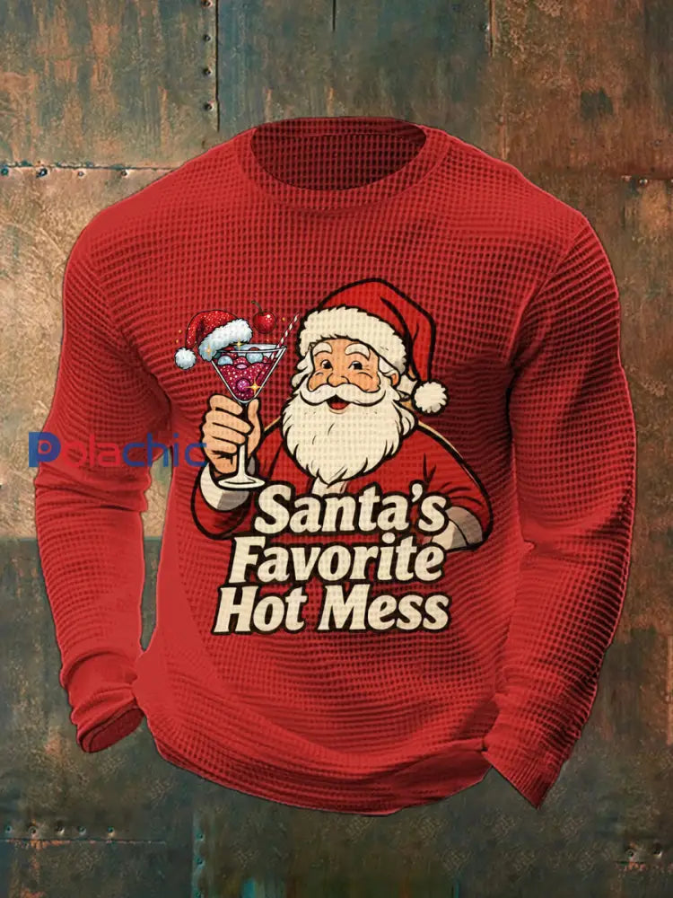 Drôle de Noël préféré des hommes de Santa Hot Mess Casual Waffle à manches longues Top Rouge / S