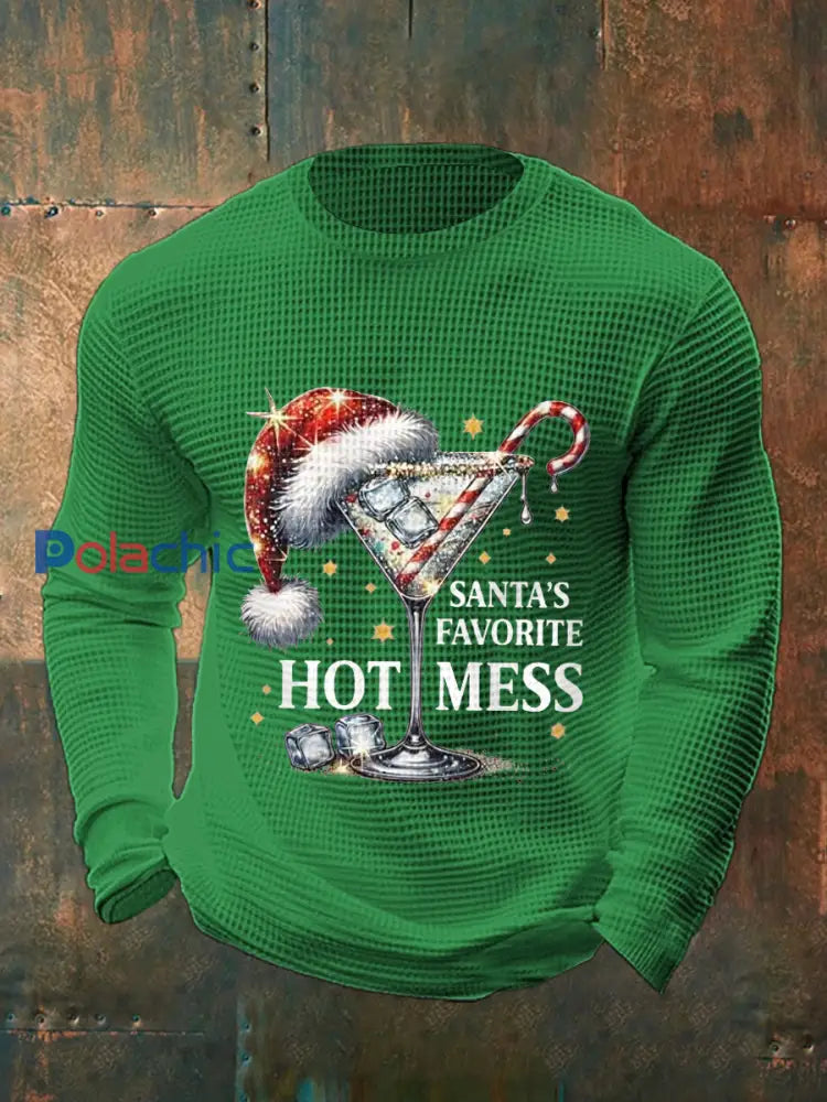 Drôle de Noël préféré des hommes de Santa Hot Mess Casual Waffle à manches longues Top Vert / S
