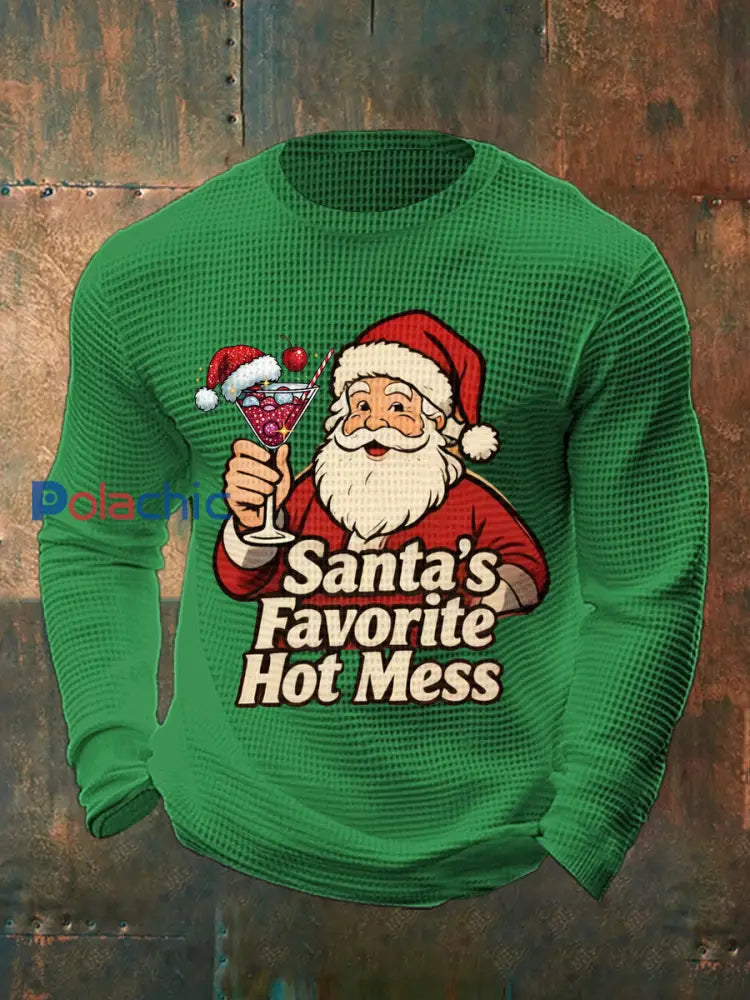 Drôle de Noël préféré des hommes de Santa Hot Mess Casual Waffle à manches longues Top Vert / S