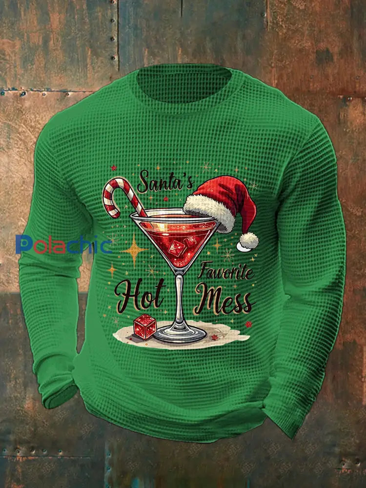 Drôle de Noël préféré des hommes de Santa Hot Mess Casual Waffle à manches longues Top Vert / S