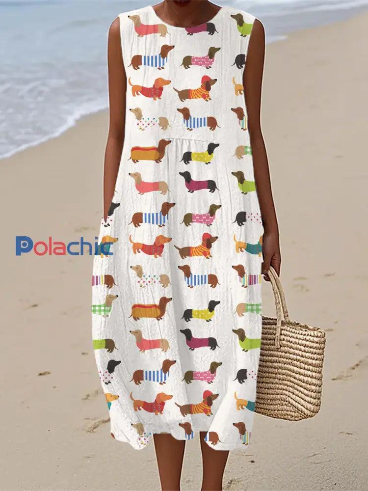 Drôle Teckel Art Imprimer Lin Robe Femme comme image / S