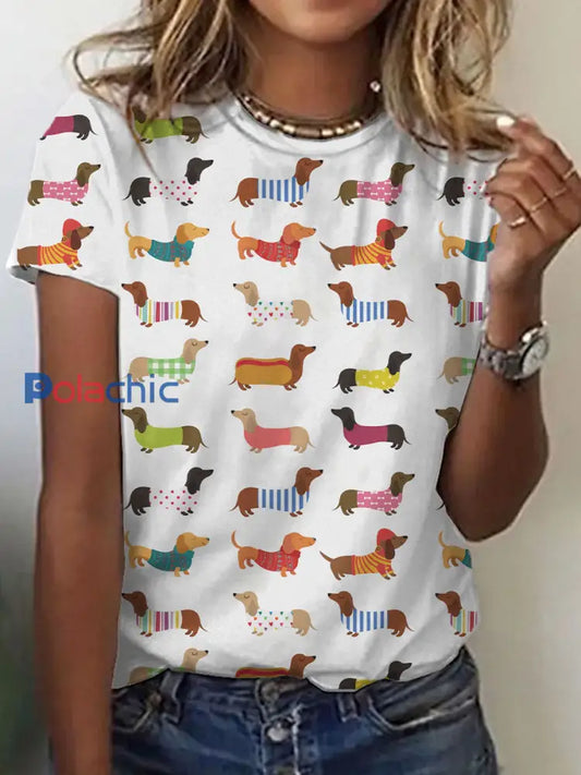 Drôle Teckel Art Imprimer T-shirt à manches courtes des femmes Blanc / S