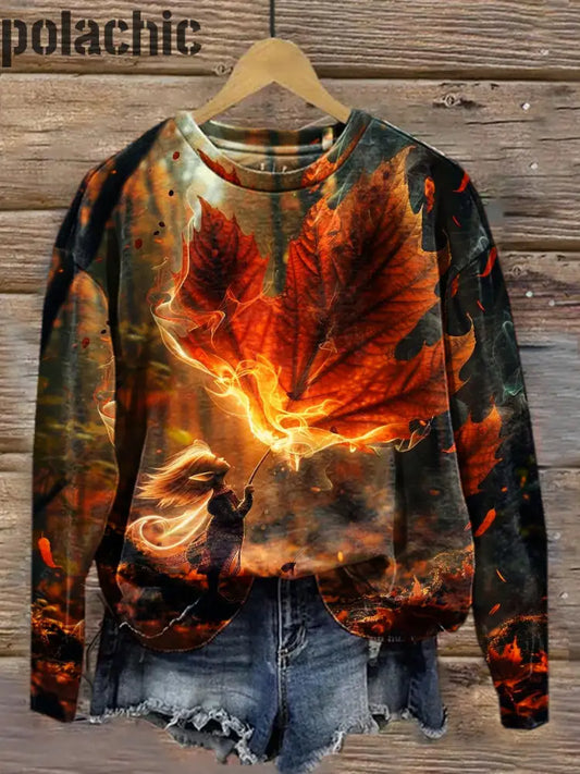 Élégant Et Élégant Animal Maple Leaf Art Print Col Rond Manches Longues Top Des Femmes A / S