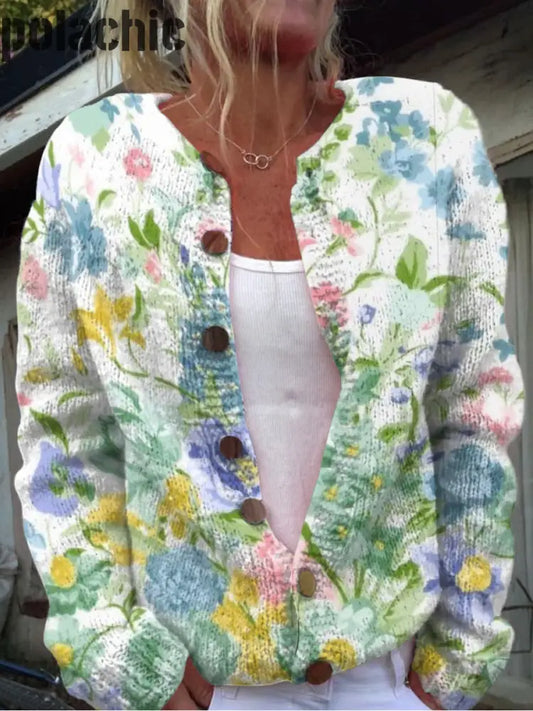 Élégant Rétro Boho Imprimé Floral Boutonné Décontracté À Manches Longues Cardigan Pull A / S